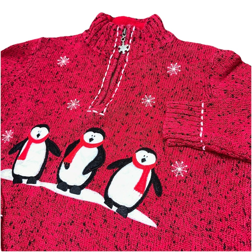 Vtg Christopher & Banks Red Hand Embroidered Penguins 1/4 Zip Sweater Women's‎ M